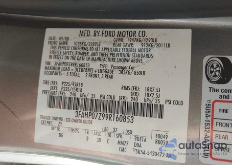2009 Ford Fusion Se z USA, uszkodzony, nr VIN 3FAHP07Z99R160853